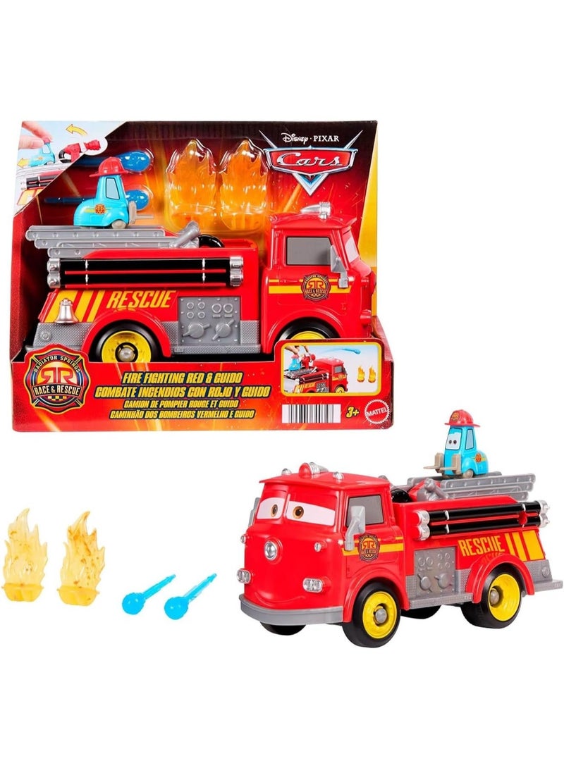 Mattel Games لعبة شاحنة إطفاء ماتيل من ديزني وبيكسار كارس، سباق وإنقاذ رادياتور سبرينغز، أحمر ومغيدو، 2 هدف بلاستيكي على شكل لهب و2 مقذوفات مائية، JFL54 - Image 1